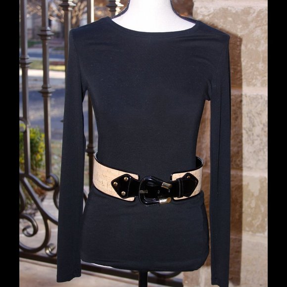 CARLISLE Designer Cork Black Patent Leather Wide Belt Gold Accents Small - Picture 5 of 7